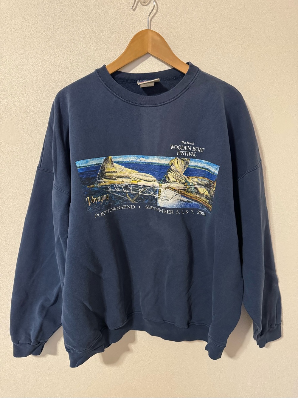 Vintage 2003 Wooden Boat Festival Port Townsend Hanes Crew Sweatshirt Blue-2XL